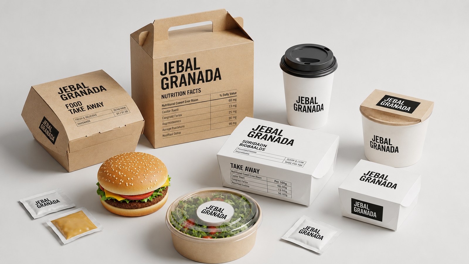Jebal Granada takeaway packaging — boxes, cups and sachets